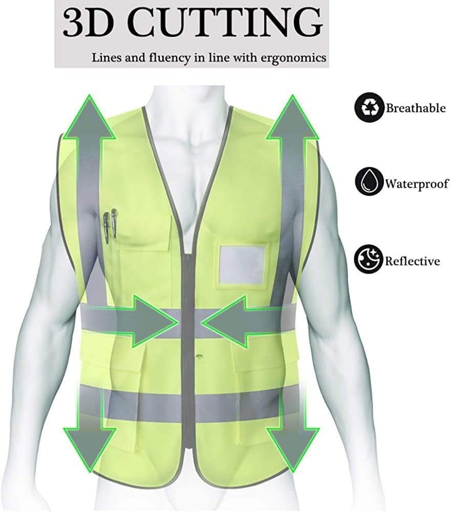 Chaleco de seguridad, chaleco de seguridad reflectante, chalecos reflectantes de alta visibilidad de alta visibilidad, ropa de trabajo, cremallera ejecutiva, 2 bandas de seguridad, bolsillo for teléfo