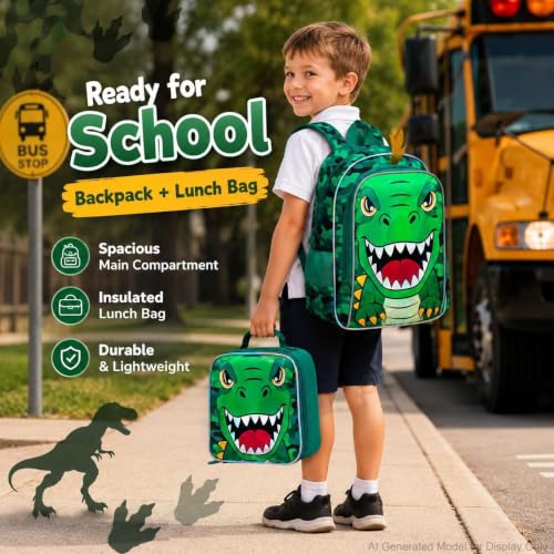 Image of 16 inch Dinosaur Backpack for Boys, 3Pcs Dino Kids Bookbag with Lunch Box, School Backpacks for Elementary Preschool Kindergarten (Green)