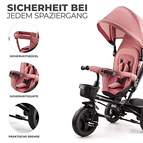 Kinderkraft Aveo Dreirad ab 9 Monaten bis 25 kg, Kinderdreirad mit Schubstange, kompakt zusammenklappbar, drehbarer Sitz, ausklappbares Verdeck mit Sonnenschutz, inkl. Getränkehalter und Korb, Rosa