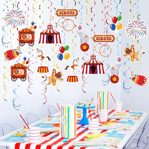 Image of Carnival Hanging Swirl Set Party Decorations, 48 Pcs, Circus Joker Balloon Party Supplies Sign,Red Blue Yellow