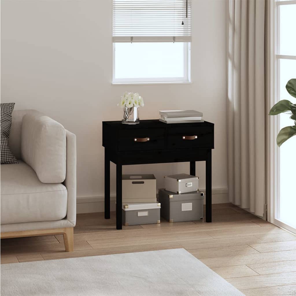 SXZenSpace Console Table Black 76.5x40x75 cm Solid Pine Wood Sideboard with 2 Drawers, Modern Hallway Sofa for Living Room Bedroom Office