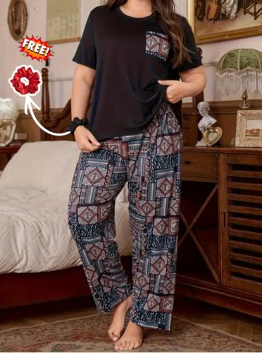 Image of Celary Women's Cotton Blend Printed Night Suit Set||Soft & Breathable Short Sleeve Top & Ethnic Print Pyjama Set||Also Available in Plus Size||Korean Night Suit||Comfortable Home Wear & Sleepwear