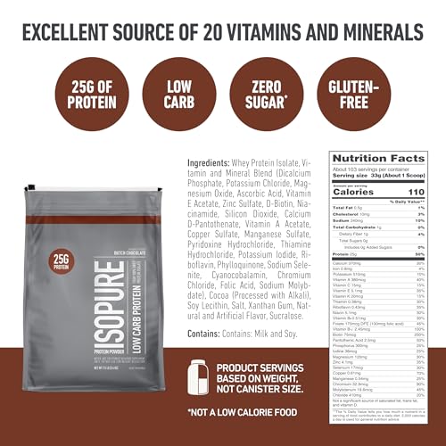 Image of Isopure Low Carb 100% Whey Protein Isolate Powder - 7.5 lbs, 3.4 kg (Dutch Chocolate), 25g Protein per serve, Lactose-Free, Gluten-Free, Vegetarian protein for Men & Women.