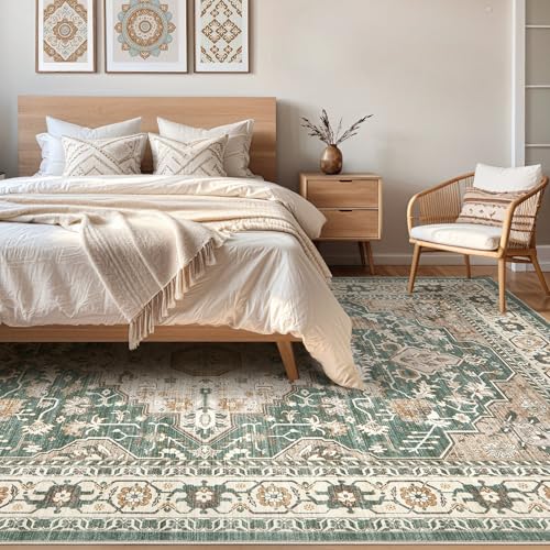 7x9 Area Rug Living Room: Machine Washable Boho Large Vintage Soft Rugs Stain Resistant Farmhouse Oriental Non Slip Indoor Floor Carpet for Bedroom Nursery Kids Playroom Office Dining Room- Green