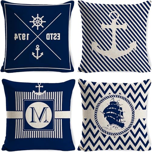 Juego de 4 Funda de Cojín Náutico Azul Marino, Funda Cojín con Diseño Náutico para Cojines Cama y Decorativos, Cojín Impermeables con Ancla Velero Brújula Timón Patrón Fundas de Almohada, 45x45cm