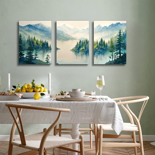 SERIMINO Nature Landscape Wall Art for Living Room, Green Forest Mountain Canvas Prints Paintings Room Decor, Lake Tree Cottagecore Modern Farmhouse Wall Decor Set of 3, 12"X16"