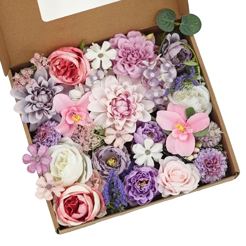 TUEVAK Purple Artificial Silk Flowers Combo with Dahlias Roses & Green Stems for DIY Wedding Bouquets Party Baby Showers Table Centerpieces and Home Decor
