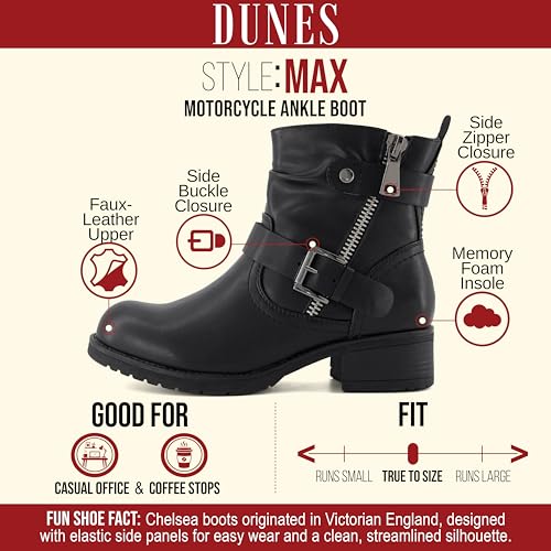 Image of Dunes Max Motorcycle Womens Ankle Boots - Comfortable Booties for Women with Zipper & Buckle, Combat Boots Style, Memory Foam, Wide Width Options
