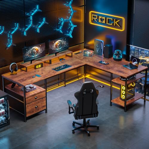 Image of Furologee 66 inch L Shaped Desk with Power Outlet, Reversible Home Office Desk with File Drawer, 2 Monitor Stands, Storage Shelves, Corner Computer Table for Gaming, Writing, Rustic Brown
