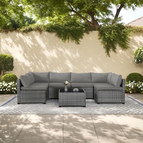 XTWEEX 7-Piece Modular Outdoor Sectional Wicker Patio Conversation Set with Glass-Top Coffee Table, All-Weather Rattan and Cushion Fabric – Gray/Gray