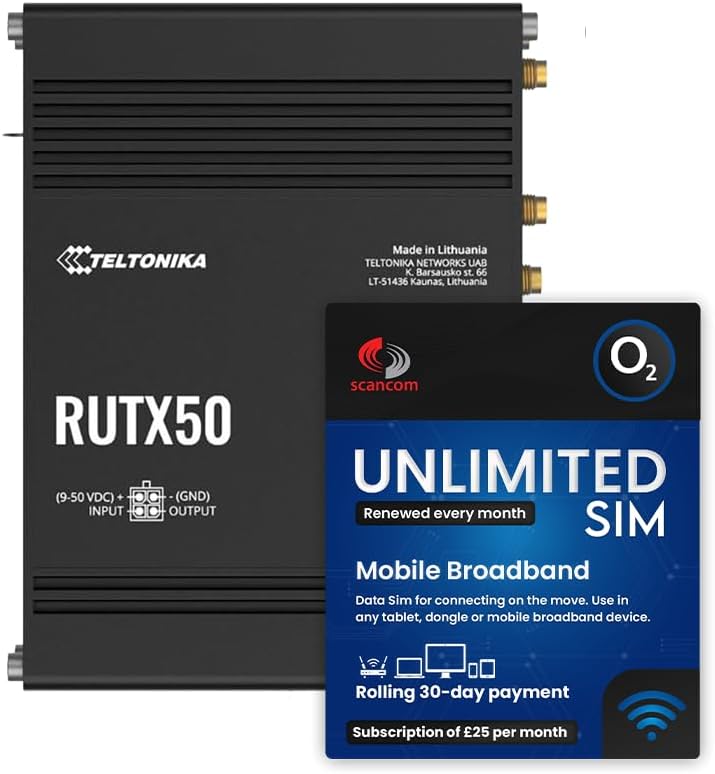 Teltonika RUTX50 Dual Network 5G Mobile Router + O2 Rolling 30-Day Plan – £25/Month, QR-Code Activation