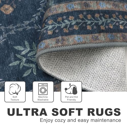 KILOCOCO 2x6 Runner Rug, Moroccan Super Soft Washable Hallway Entryway Runner Rug, Accent Print Faux Wool Kitchen Runner Rug 6 Feet Non-Slip Boho Rug Runner for Laundry Room Bedroom, Navy Blue