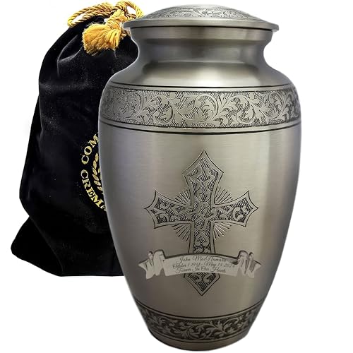 Image of Silver Cross Cremation Urn for Ashes Adult Male - Personalized Urn for Ashes for Women Decorative Urns - Beautifully Handcrafted Cross Urn