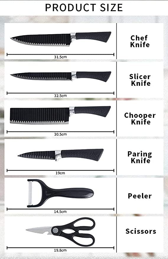 Image of High-Carbon Stainless Steel Kitchen Knives - 6 Pcs Set (Black)