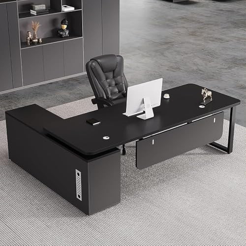 VoyageView字型エグゼクティブデスク、コンピューターデスク、密閉型収納キャビネット付き法人顧客用デスク、左右切り替え式サイドキャビネット、勉強机 (ライトウォールナット-1,200*80*75cm) (ブラック,180*80*75cm) [並行輸入
