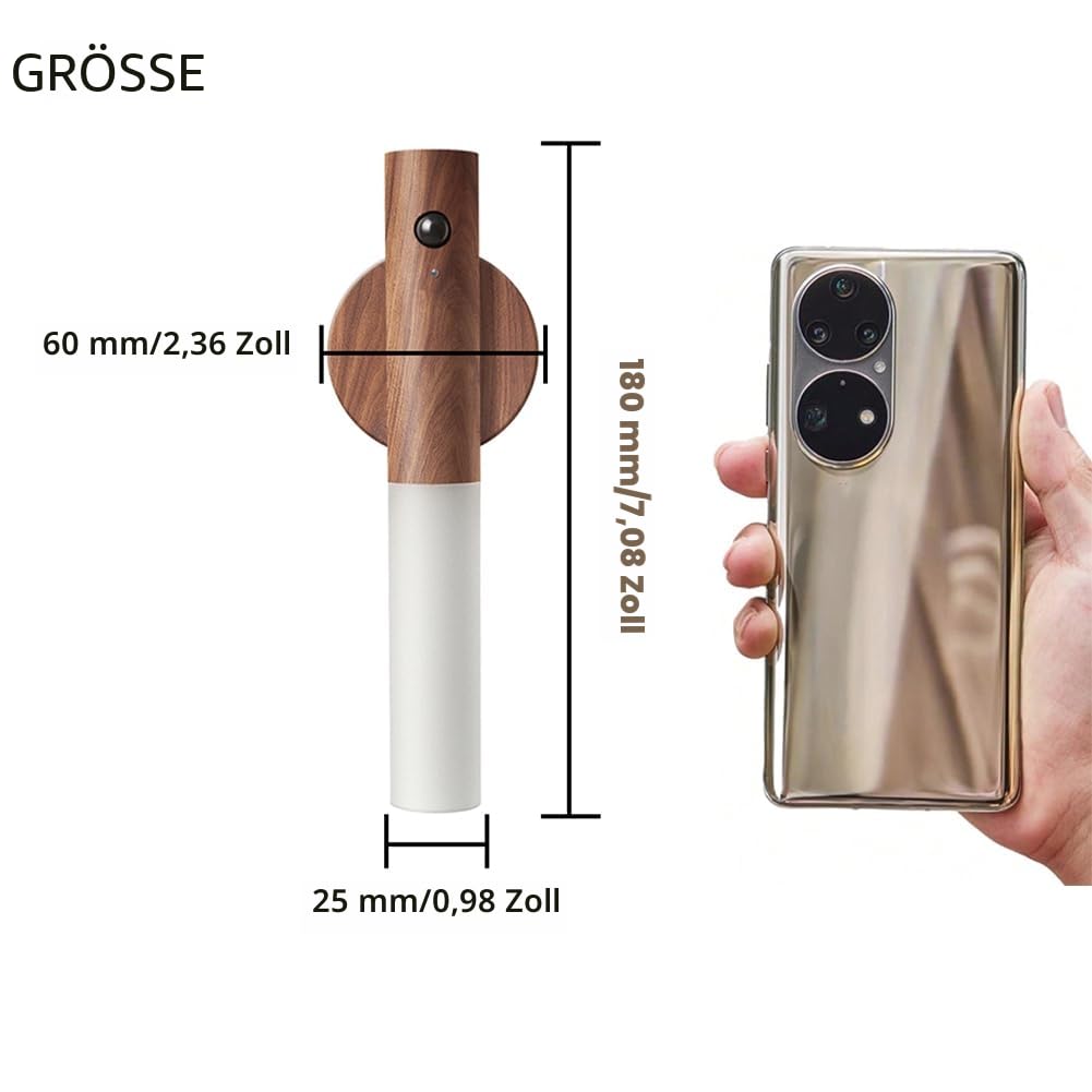 LANDGOO Bewegungsmelder, Nachtlichter, Magnet, Körpersensor, Flur, wiederaufladbar, LED-Licht, tragbar, Treppenhaus, Holzwandleuchte, batteriebetrieben, Schranklichter (Walnussholz, 2 Stück) | Magnet Körper Flur Wiederaufladbare LED Kabellose Batteriebetr