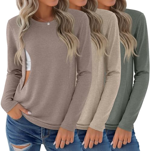 Image of Sweetyweee 3 Pack Nursing Tops for Breastfeeding Maternity Shirts Zipper Long Sleeve Round Neck Knit Casual Nursing Clothes
