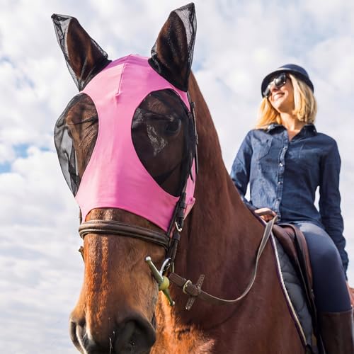 Image of Frienda 4 Pcs Horse Fly Masks with Ears UV Protection Elastic Horse Mask Breathable Comfortable Fly Mask for Adult Horses, Protect from Summer Insect(Large,Rose Red, Royal Blue, Orange, Light Pink)