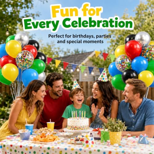 Image of Red Yellow Blue Green Balloon, 50PCS 12Inch Multicolor Balloons with Black Red Blue Yellow Green Silver Ballons and Colorful Confetti Ballon for Birthday,Game Themed Party Supplies