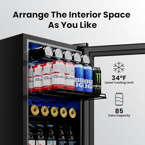 Image of Yeego Beverage Refrigerator, 85 Can Mini Fridge with Glass Door, Digital Temperature Control 34F-54F, Countertop Drink Cooler for Soda, Beer and Wine, Black