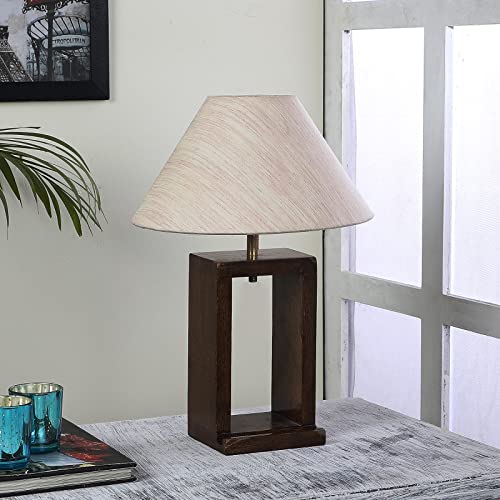 Image of tu casa Handcrafted Mango Wood Table Lamp with Pleated Off-White Cotton Fabric Shade | Elegant Bedside Night Lamp for Bedroom & Living Room