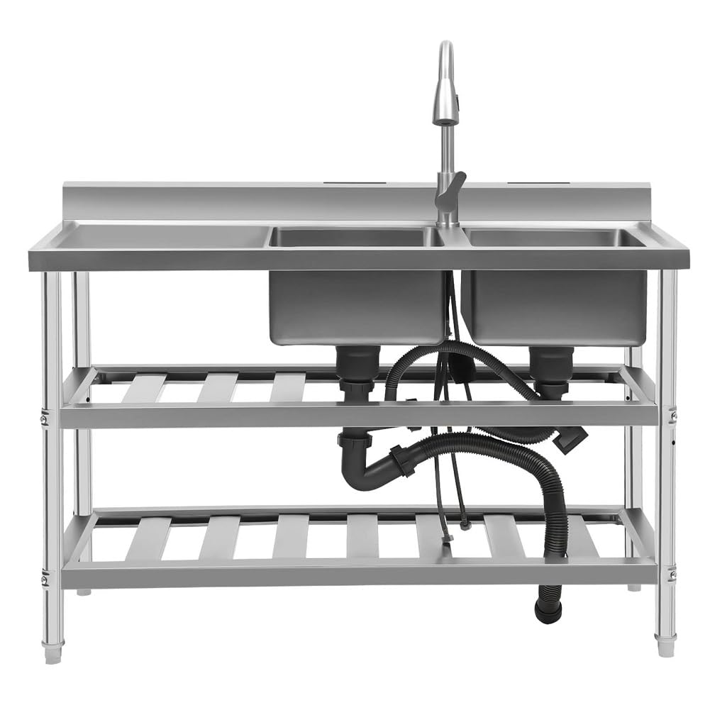 Free Standing Commercial Kitchen Sink 2 Compartment Stainless Steel Prep & Utility Sink 201 Stainless Steel Freestanding Kitchen Sink for Restaurant, Kitchen, Outdoor (Dual Bowl Style w/Baffle)