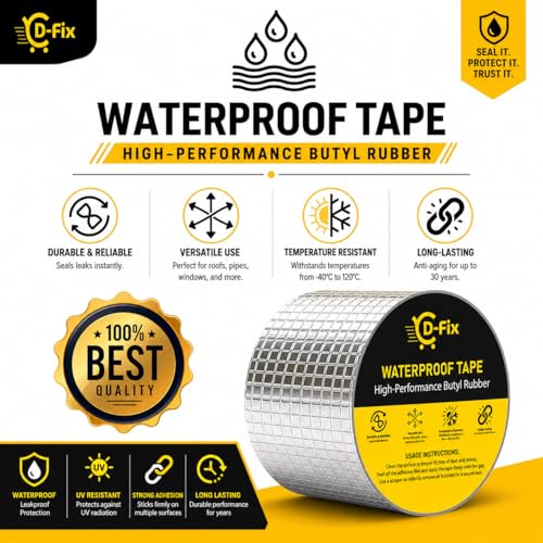 Image of D-fix Super Strong Waterproof Butyl Tape Heavy Duty Leak Repair Sealant Tape for Roof Pipe RV Window Gutter Metal Crack Patch Weatherproof Heat-Resistant Indoor-Outdoor Use (4 Inch (10CM*5M)