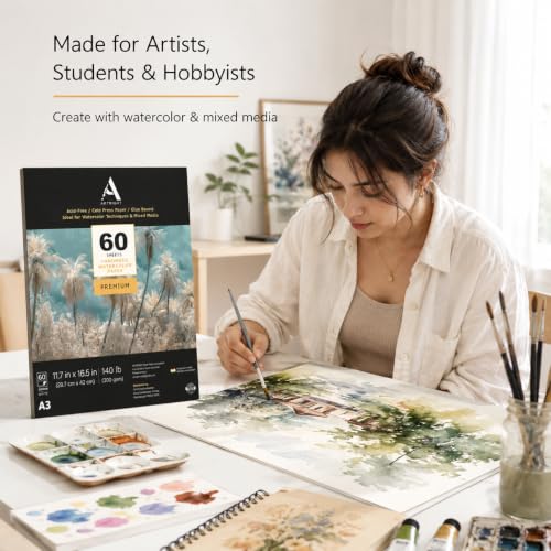 Image of ArtRight Artists' Watercolor Paper A3 300 GSM - 60 Sheets of Handmade Rough Grain Water Colour Papers for Watercolour, Acrylic, Gouache, Ink & Mixed Media