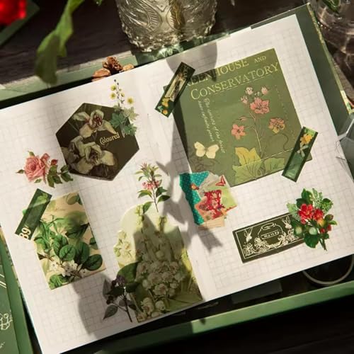 Image of VIBE VISTA Vintage Scrapbook Kit - 346 Pcs A6 Grid Notebook, Washi, Envelopes, Papers, Folding Labels, Background Papers, Photo Frames, Calendar Stickers - Cyan Looked At Wild Dome, Green
