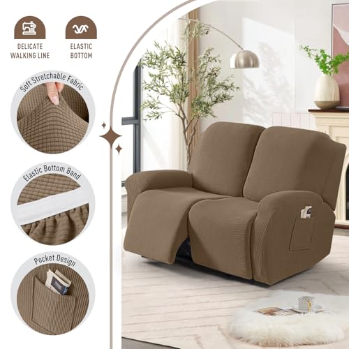 Image of TAOCOCO Recliner Loveseat Slipcover, 6 Pieces Dual Recliner Sofa Covers for 2 Seat Dual Reclining Loveseat Couch, Stretch Soft Jacquard Pattern Furniture Protector with Elasticity (Khaki)
