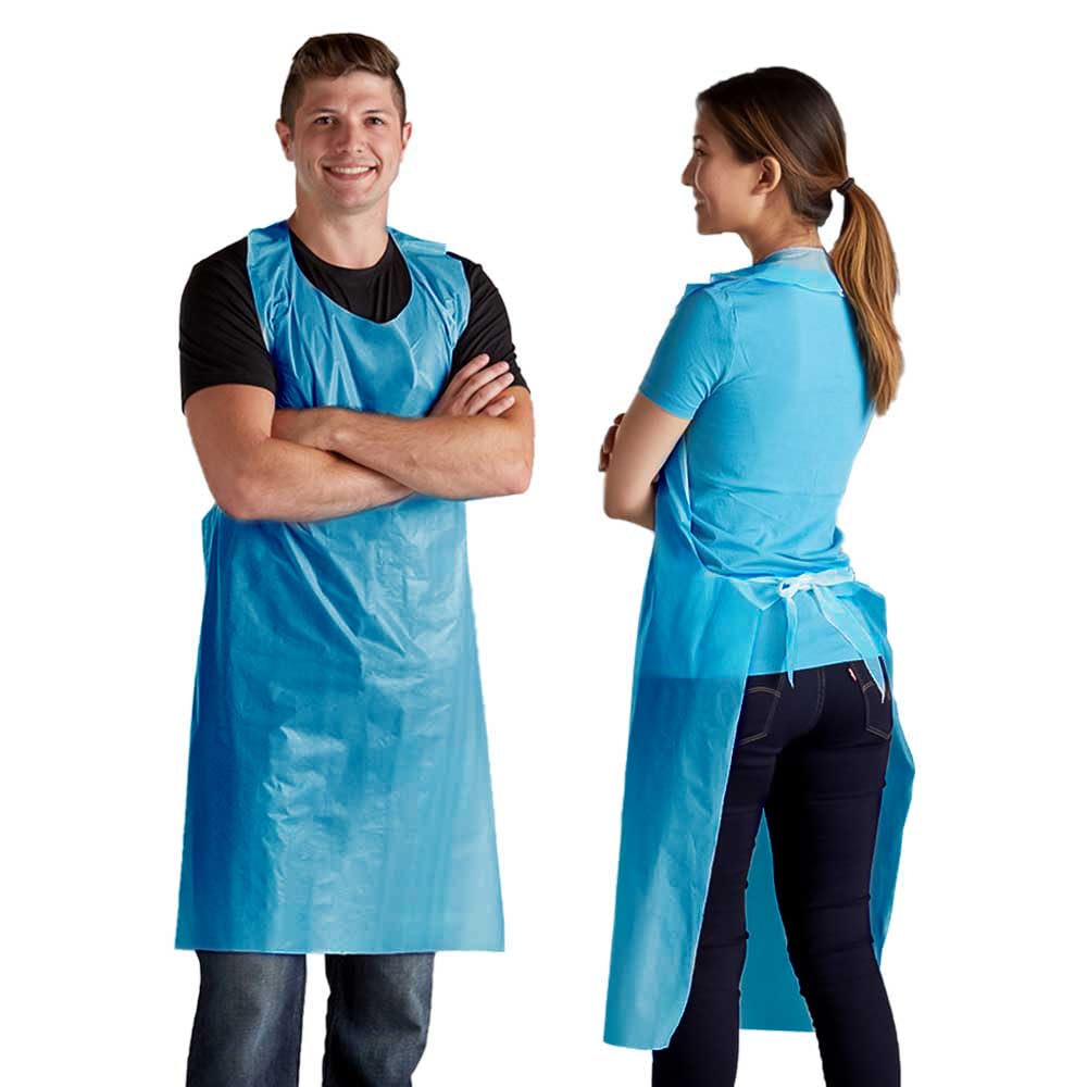 Venuscello 200 x Heavy Duty Blue Disposable Aprons For Adults Polythene Aprons For PPE Protection. Full Body Protective Aprons For Women & Men - 16 Microns Thick, 686 x 1170mm Long