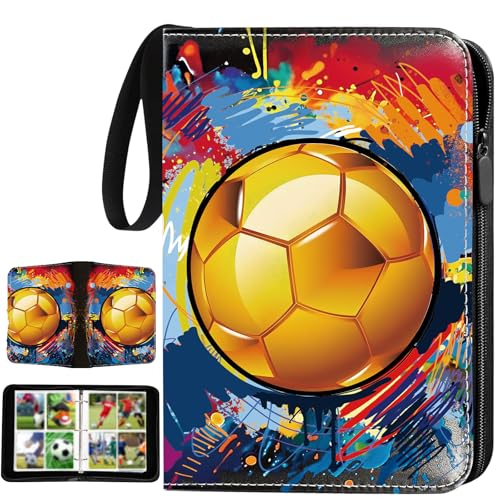 Album Cartas de Futbol, 50 Páginas con Capacidad para 400 Cartas，Album Cromos Cuero Impermeable con Asa y Cierre Cremallera, Carpeta de Cartas de Fútbol, Card Binder Compatible Varias Cartas (dorado)