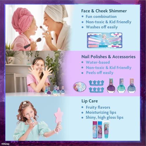 disney frozen train case beauty set kids makeup kit for girls real washable makeup set play makeup party favor birthday ages 3 4 5 6 7 8 9 10 11 12 by townley girl