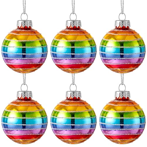 Threehoney 6 Pcs Glass Rainbow Ball Ornaments 2.36 Inch Gay Pride Tree Decorations Glitter LGBT Pride Month Ball Pendant Rainbow Striped Hanging Home Ornaments for Christmas Tree Party Decor