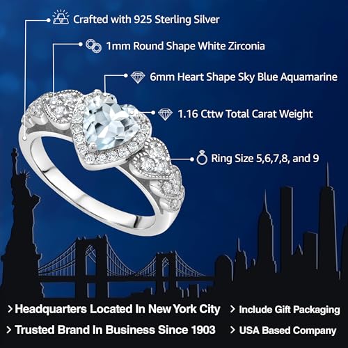 Gem Stone King 6MM Heart Shape Engagement Ring For Women | 925 Sterling Silver | Gemstone Birthstone | Wedding Engagement Anniversary Promise Ring | Available In Size 5, 6, 7, 8, 92
