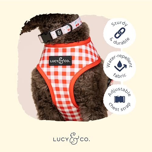 Lucy & Co. Cheery Cherries, niedliches wendbares Hundegeschirr, Spazierengehalfter, beste Designer-Haustiergeschirre für XS-XL, gepolsterte, verstellbare Weste für einfaches Spazierengehen, Größe L