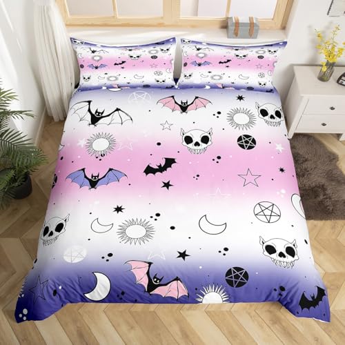 Halloween Decorations Bedding Set for Boys Girls Kids Purple Gradient Duvet Cover Toddler Size Ghost Spider Bats Comforter Cover Trick or Treat Themed Bedspread Cover Sun and Moon Print Bedding