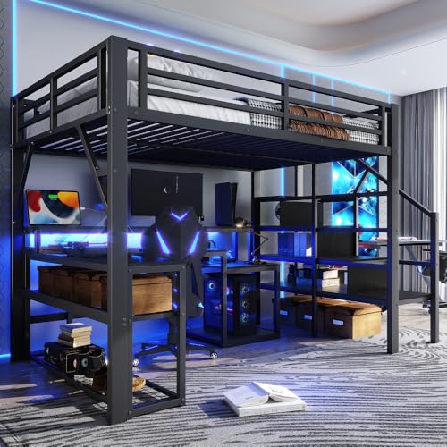 Sapgaks Lit Mezzanine 1 Place Enfant 140 x 200 cm avec éclairage LED et Port USB,lit Mezzanine avec Bureau lit superposé Enfant,lit Mezzanine escalier avec Espace de...