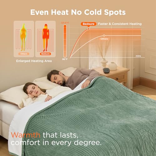 Image of Bedsure GentleSoft Electric Blanket Queen Size - Soft Ribbed Flannel Heated Blanket with Dual Control, Heating with 10 Heat Settings & 10 Time Settings, 8 hrs Timer Auto Shut Off (84x90 inches, Green)