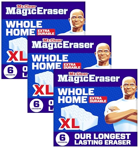 Image of Mr. Clean Magic Eraser Sponge, All Purpose Cleaner, Long Lasting Cleaning Scrubber,Wall,Sneaker,Oven, Kitchen, Bathroom Cleaner, Shower Cleaning Supplies, Whole Home Extra Durable XL, 6ct (Pack of 3)