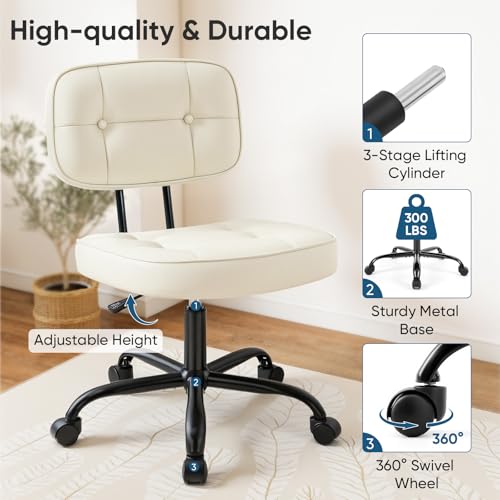 Image of DUMOS Home Office Desk Chair - Ergonomic Armless PU Leather Computer Rolling Task Chair,with Comfy Lumbar Support and Height Adjustable, Vanity, Bedroom, Living Room, Beige