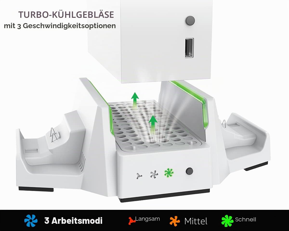 ElecGear Vertikale Kühlung und Ladestation für Xbox Series S, 2X Wiederaufladbare Akku für Xbox Controller Batterie Ladegerät, Lüfter Kühler Ständer mit LED-Lichtern und USB-Anschluss