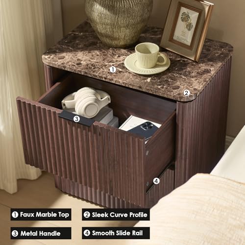 Image of Curved Fluted Nightstand Set of 2, Faux Marble Top, Dark Oak