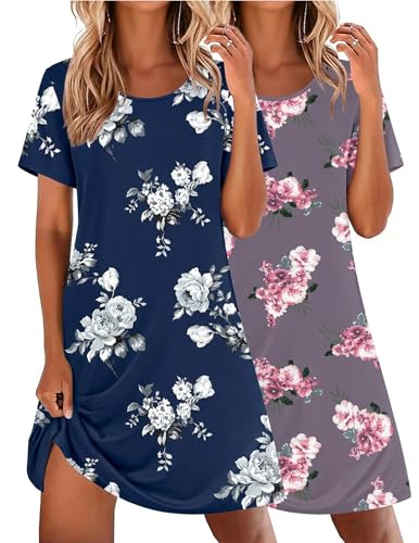 Image of Ekouaer 2 Pack Nightgowns for Women Sleepshirt Short Sleeve Night Shirts
