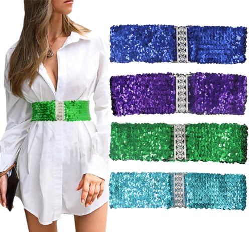 AIBEARTY 4 Pack Women's Wide Sequin Belts - Gold, Rose, Black, Pink; Red, Silver, Purple - Adjustable Elastic Waist Belts - Women's Fashion Accessory - One Size Fits Most - 22.8x2.0 inch (LxW)