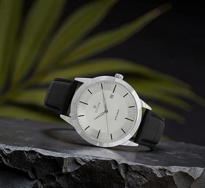 Image of Mens Watch Classic Analog Watch with White Dial, Leather Strap, Roman Numerals, Date Display