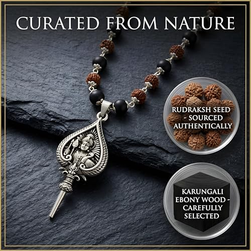 Image of Gratify Rudraksha Karungali Mala 8mm 54 Beads with Lord Murugan Vel Pendant | Natural Ebony Wood Spiritual Necklace for Meditation, Protection, Focus & Positive Energy | Unisex Mala