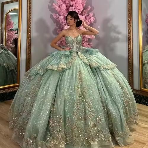 Ftupza Gold Lace Appliques Quinceanera Dresses with Bow Sparkly Tulle Ball Gown Beaded Sweetheart Sweet 16 Dress3