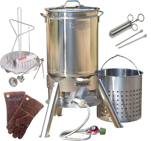 Best Turkey Fryers Reviews Enterprises Turkey Deep Fryer Oversized 44 Quart Stainless Steel Big Bird Kit by Bayou Classic for Big 25 lbs Huge Turkeys Complete KIT TOP of The LINE