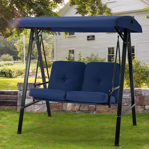 Image of U-MAX 2 Seat Outdoor Patio Swing Chair for Adults, Porch Swings with Adjustable Canopy, Outside Swing Bench with Removable Cushion, Suitable for Backyard, Garden, Yard, Poolside, Balcony (Blue)